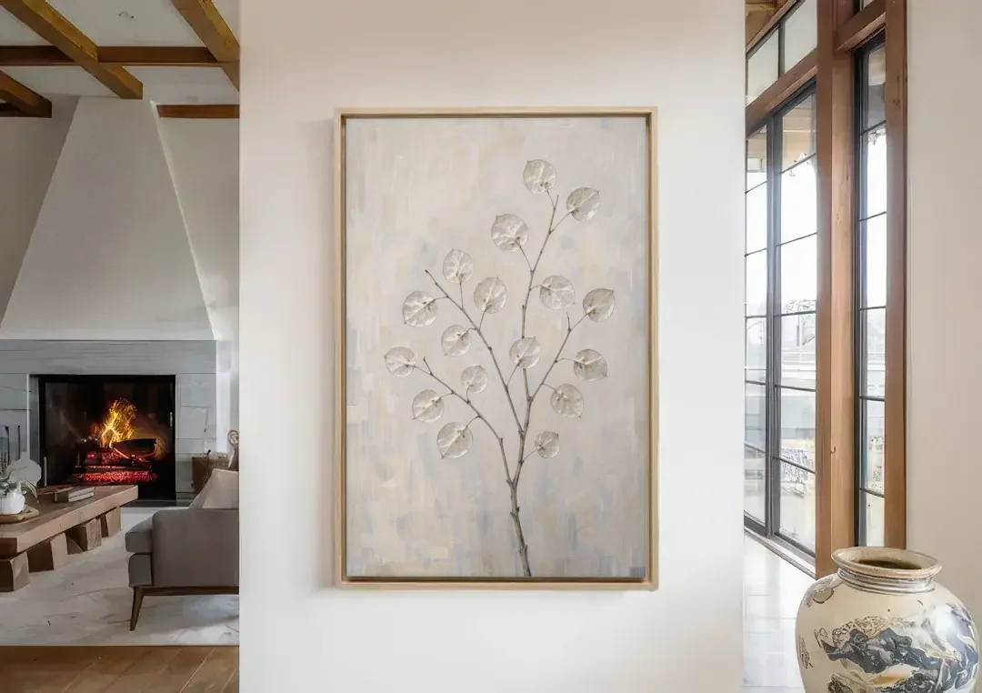 Peaceful Bedroom Art of a Silver Honesty Branch canvas wall art in a living room with a fireplace