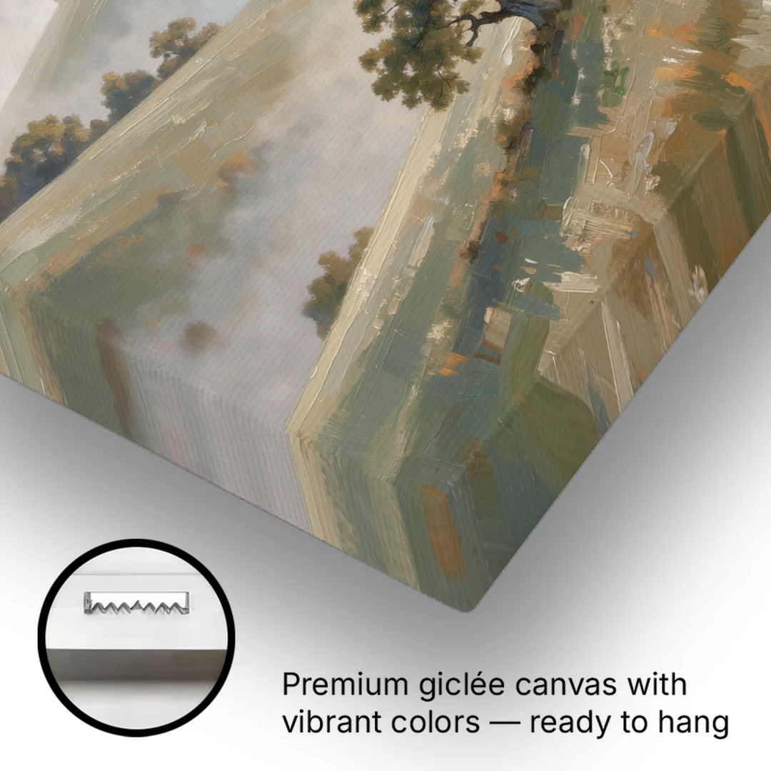 Peaceful Landscape Painting of Misty Hills and Oak - Canvas Wall Art - Gallery Wrap Corner