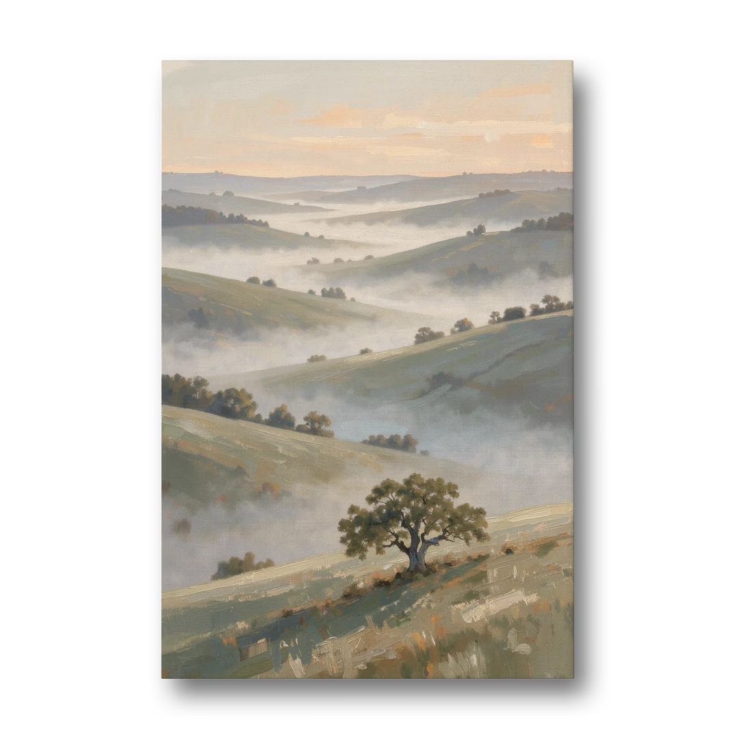Peaceful Landscape Painting of Misty Hills and Oak - Canvas Wall Art - Front