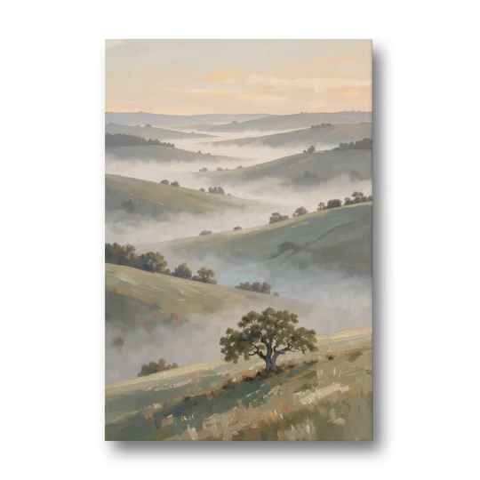 Peaceful Landscape Painting of Misty Hills and Oak - Canvas Wall Art - Front