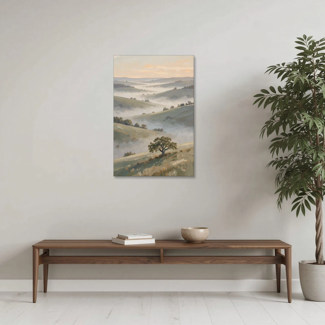 Peaceful Landscape Painting of Misty Hills and Oak - Canvas Wall Art - Coffee Table - 24x36