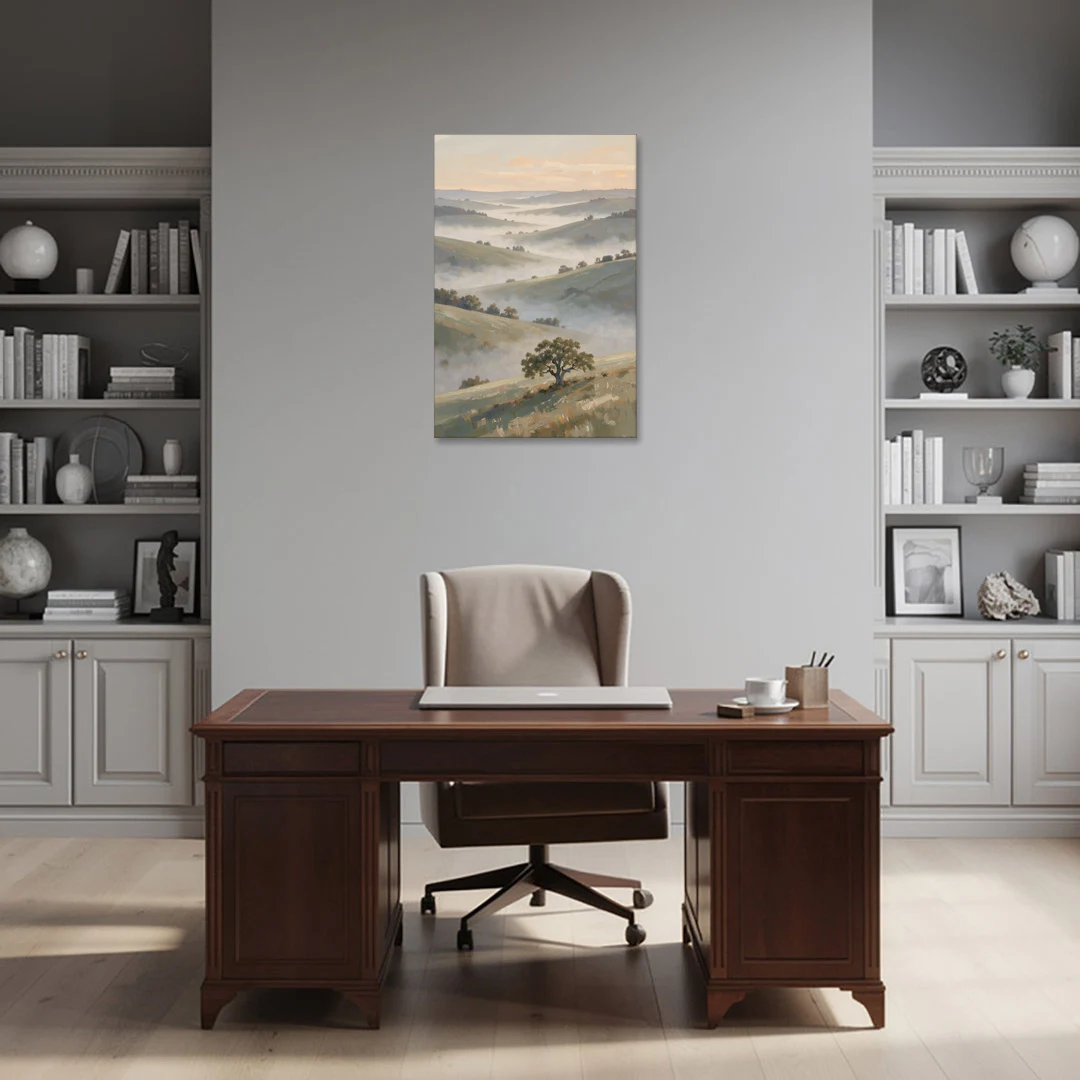 Peaceful Landscape Painting of Misty Hills and Oak - Canvas Wall Art - Office - 24x36
