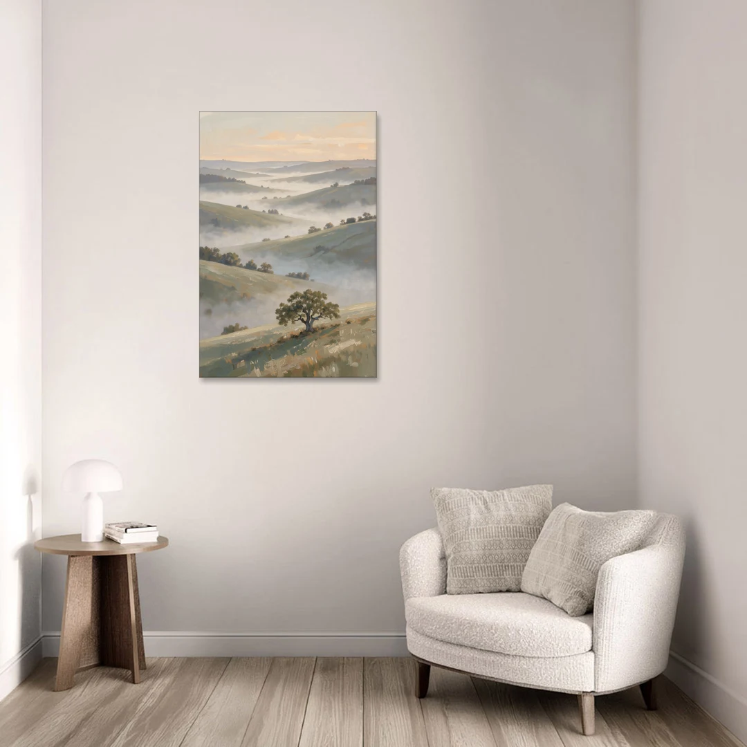 Peaceful Landscape Painting of Misty Hills and Oak - Canvas Wall Art - Sofa - 24x36