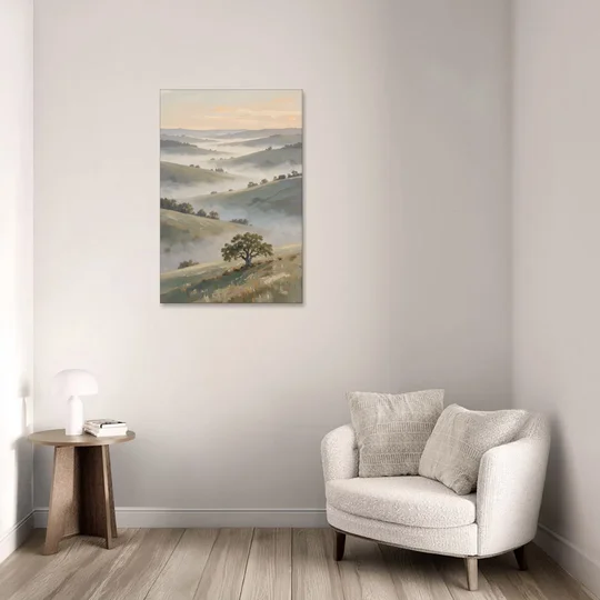 Peaceful Landscape Painting of Misty Hills and Oak - Canvas Wall Art - Sofa - 24x36