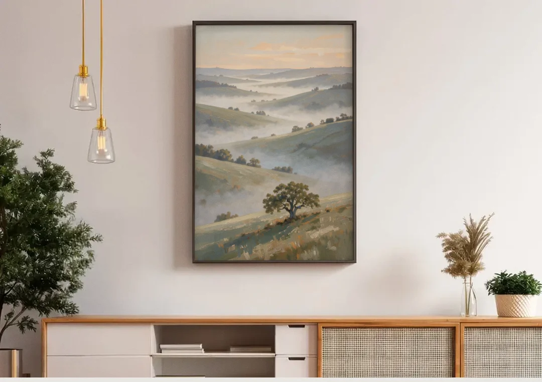 Peaceful Landscape Painting of Misty Hills and Oak canvas wall art above a wooden sideboard under pendant lights