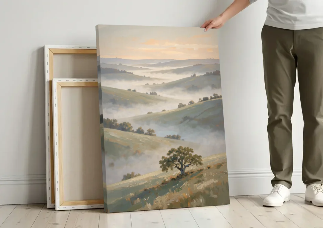 Peaceful Landscape Painting of Misty Hills and Oak canvas wall art leaning against a wall next to blank canvases