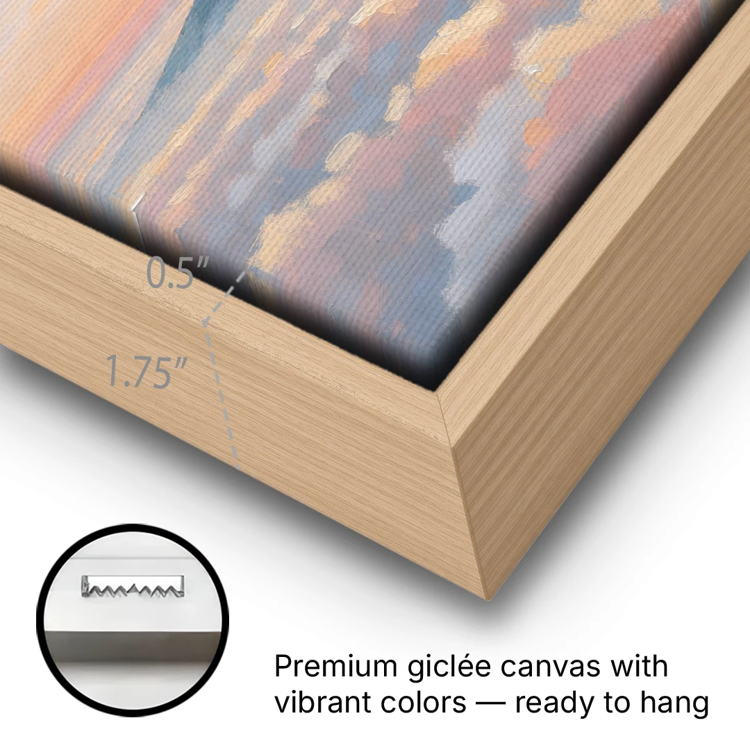 Peaceful Wall Art for Bedroom Twilight Summits - Oak Framed Canvas Wall Art - Gallery Wrap Corner