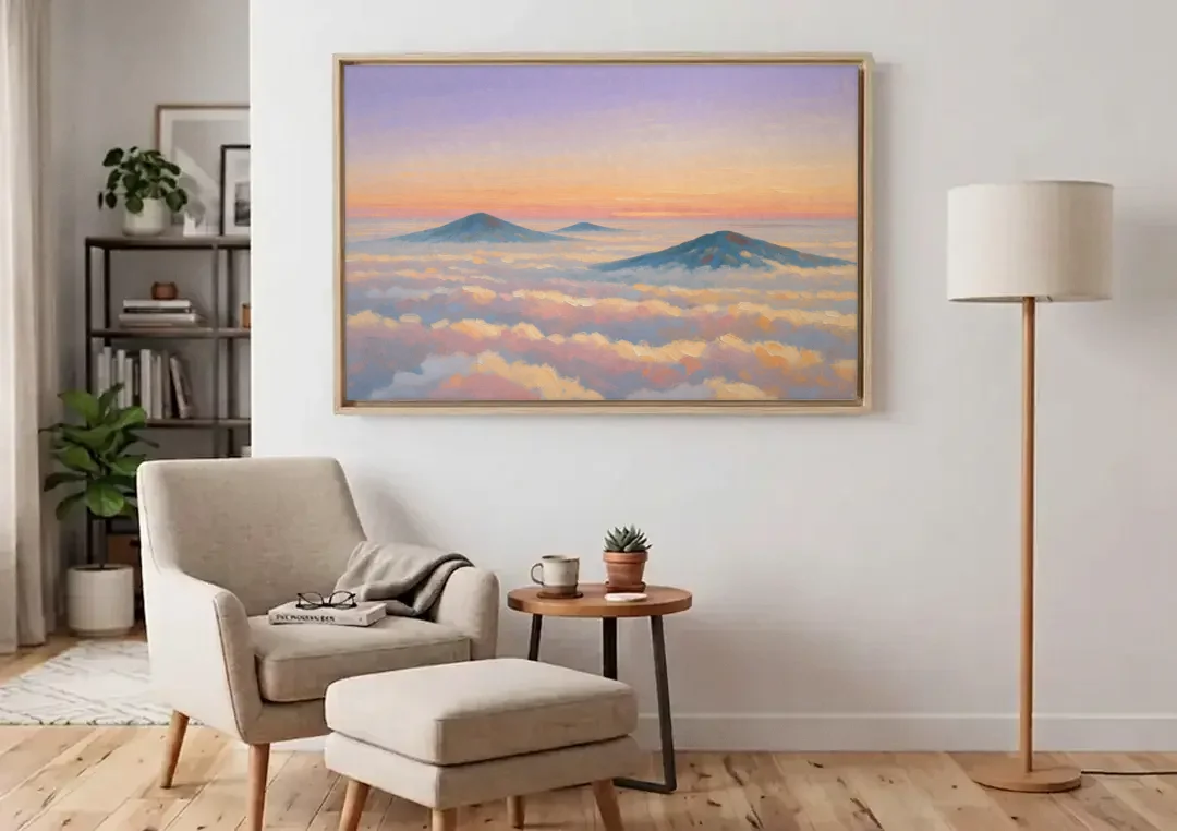 Peaceful Wall Art for Bedroom Twilight Summits canvas wall art above an armchair in a bright living room