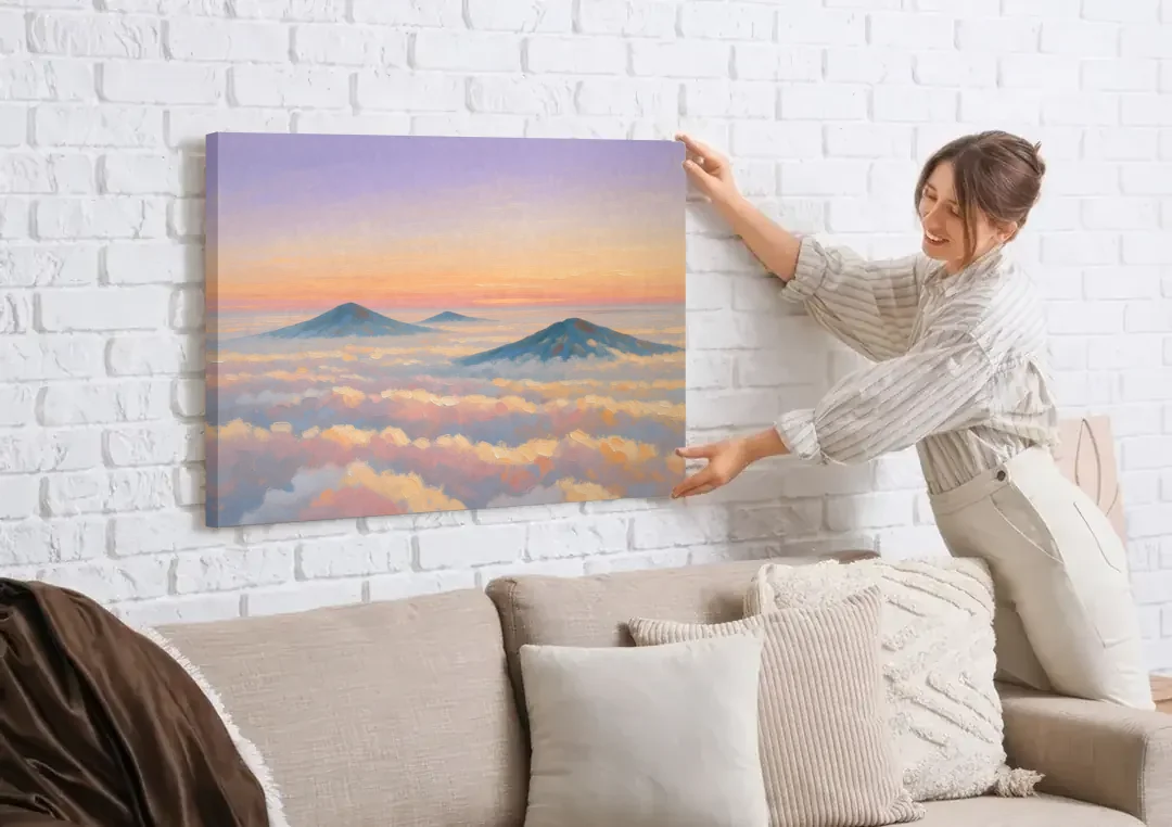Peaceful Wall Art for Bedroom Twilight Summits canvas wall art being hung on a white brick wall above a sofa