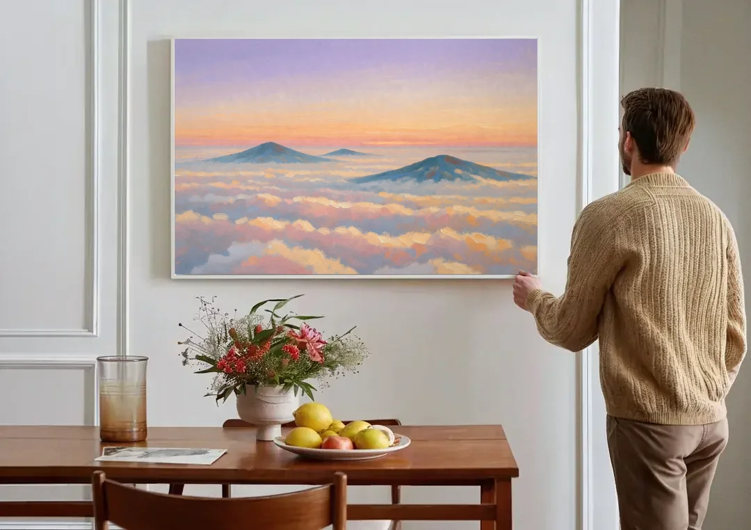 Peaceful Wall Art for Bedroom Twilight Summits canvas wall art above a dining table
