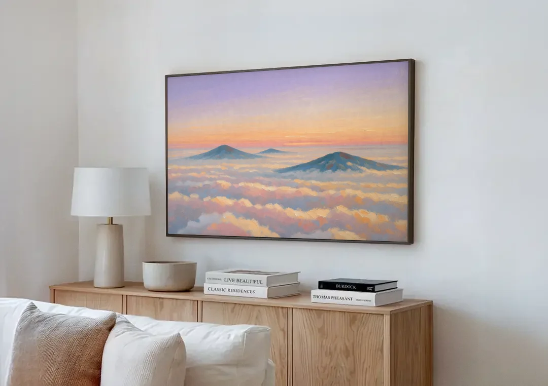 Peaceful Wall Art for Bedroom Twilight Summits canvas wall art above a wooden sideboard next to a sofa