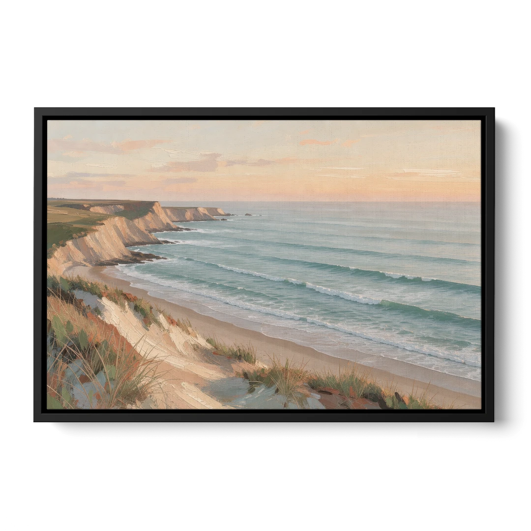 Peach Dawn Seascape Over Chalk Bluffs - Black Framed Canvas Wall Art - Front
