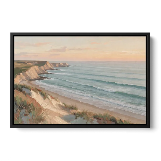 Peach Dawn Seascape Over Chalk Bluffs - Black Framed Canvas Wall Art - Front
