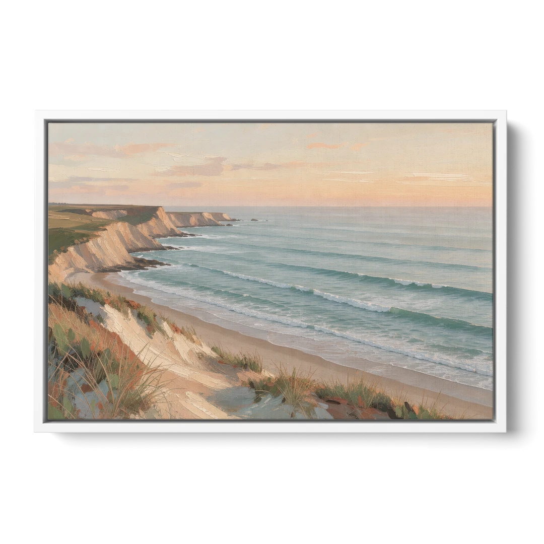 Peach Dawn Seascape Over Chalk Bluffs - White Framed Canvas Wall Art - Front