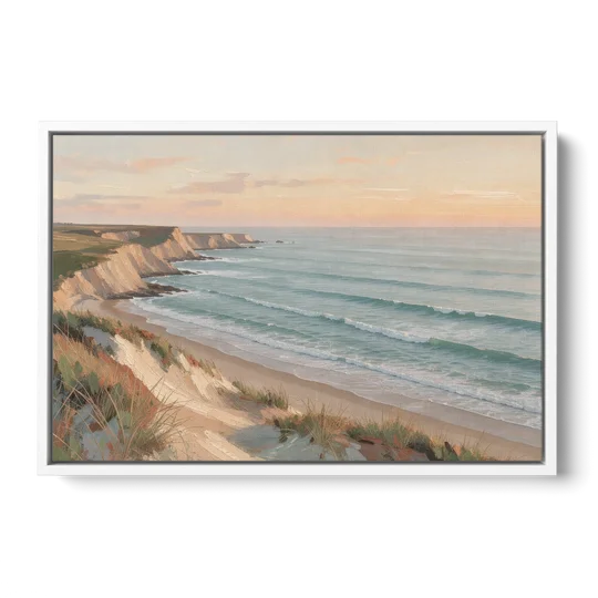 Peach Dawn Seascape Over Chalk Bluffs - White Framed Canvas Wall Art - Front