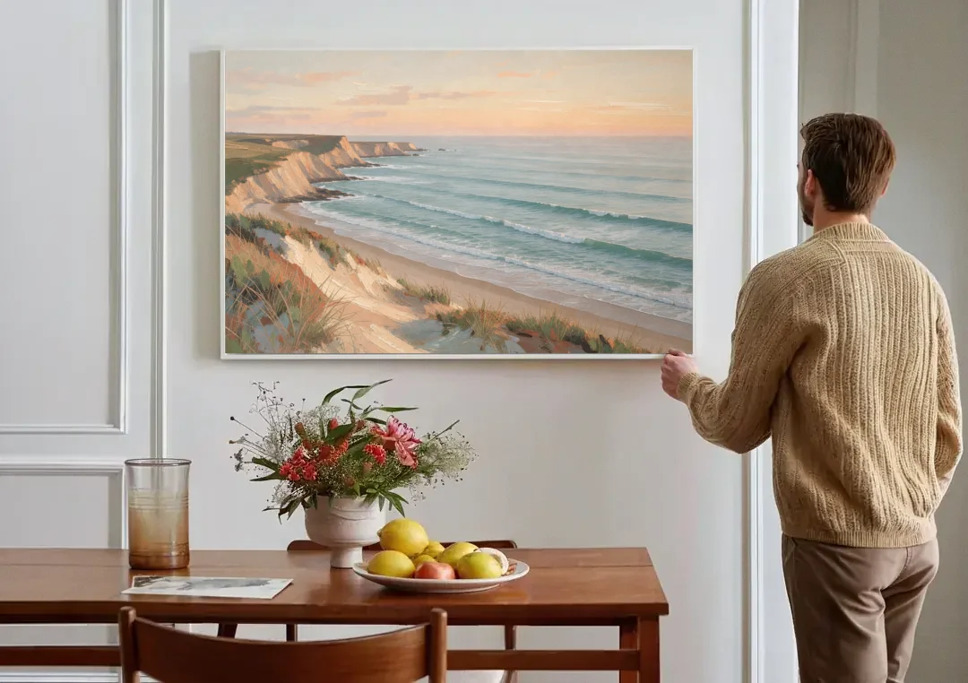 Peach Dawn Seascape Over Chalk Bluffs canvas wall art above a dining table