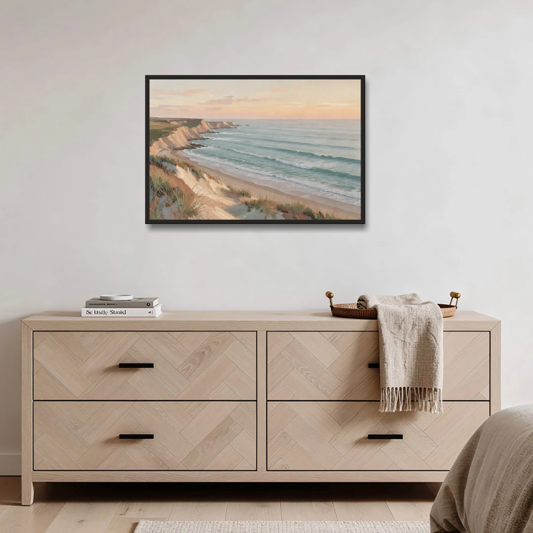 Peach Dawn Seascape Over Chalk Bluffs - Black Framed Canvas Wall Art - Coffee Table - 36x24