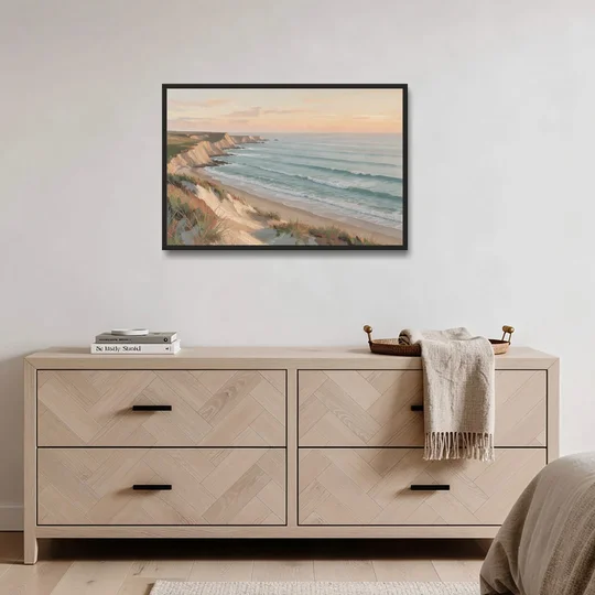Peach Dawn Seascape Over Chalk Bluffs - Black Framed Canvas Wall Art - Coffee Table - 36x24