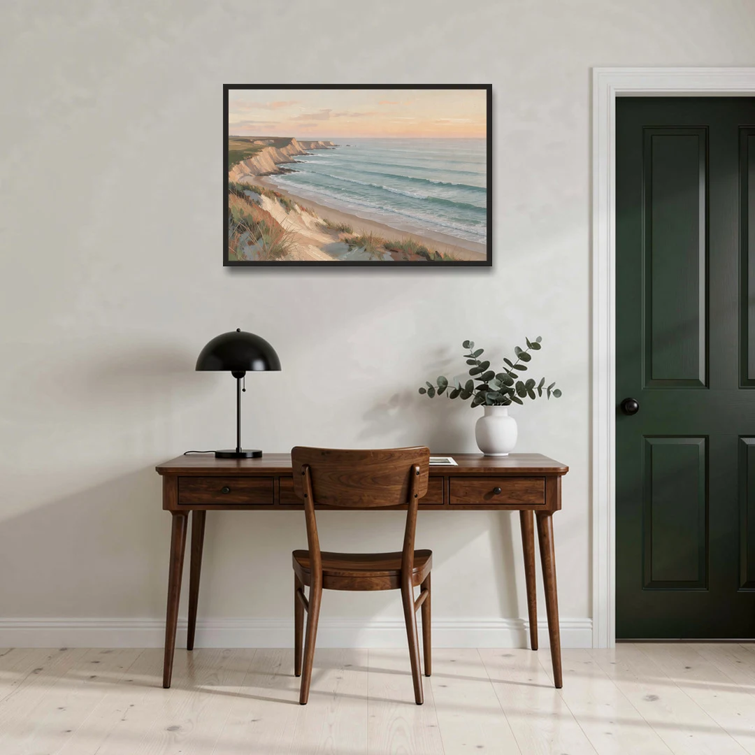 Peach Dawn Seascape Over Chalk Bluffs - Black Framed Canvas Wall Art - Office - 36x24
