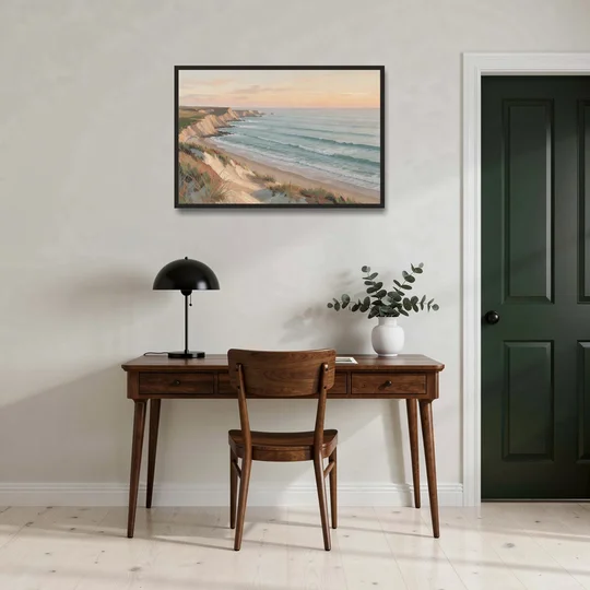 Peach Dawn Seascape Over Chalk Bluffs - Black Framed Canvas Wall Art - Office - 36x24