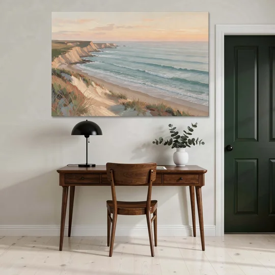Peach Dawn Seascape Over Chalk Bluffs - Canvas Wall Art - Office - 60x40