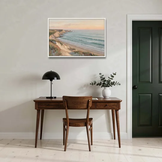 Peach Dawn Seascape Over Chalk Bluffs - White Framed Canvas Wall Art - Office - 36x24