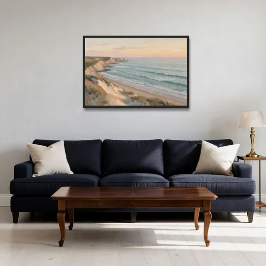 Peach Dawn Seascape Over Chalk Bluffs - Black Framed Canvas Wall Art - Sofa - 36x24