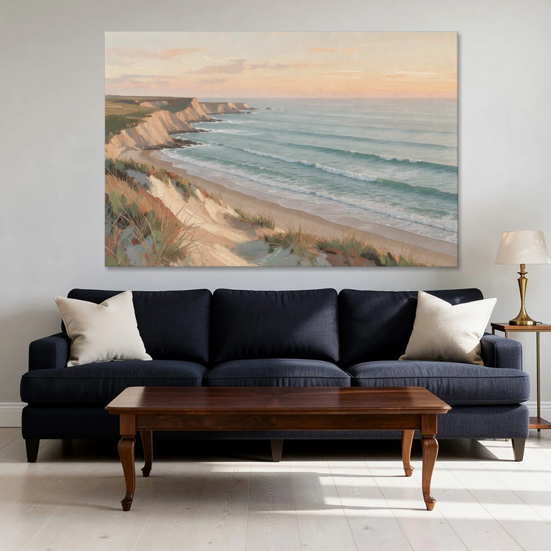 Peach Dawn Seascape Over Chalk Bluffs - Canvas Wall Art - Sofa - 60x40
