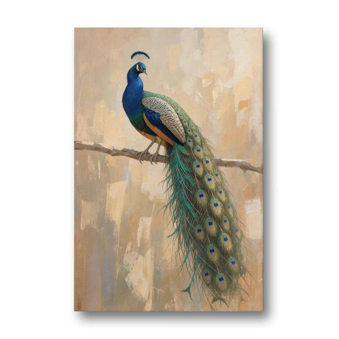 Peacock Wall Art on a Bare Golden Branch - Canvas Wall Art - Front