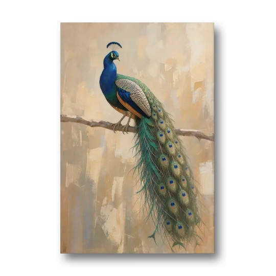 Peacock Wall Art on a Bare Golden Branch - Canvas Wall Art - Front