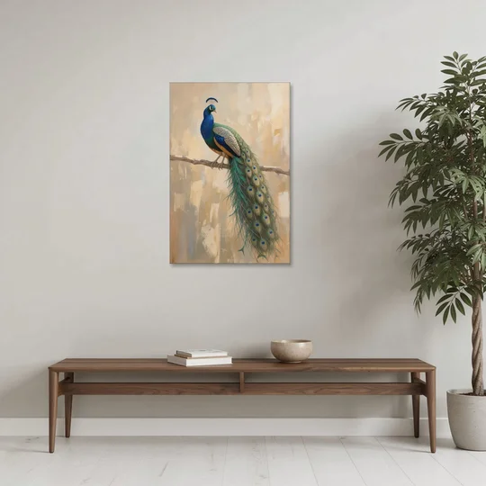 Peacock Wall Art on a Bare Golden Branch - Canvas Wall Art - Coffee Table - 24x36