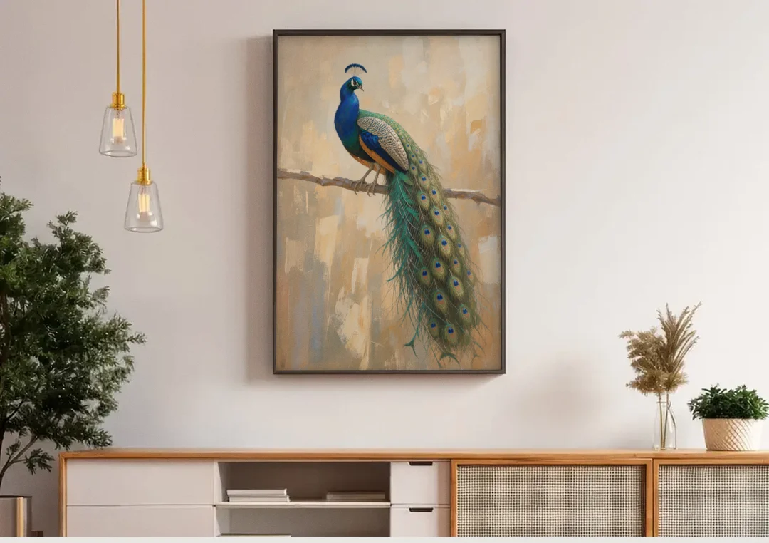 Peacock Wall Art on a Bare Golden Branch canvas wall art above a wooden sideboard under pendant lights