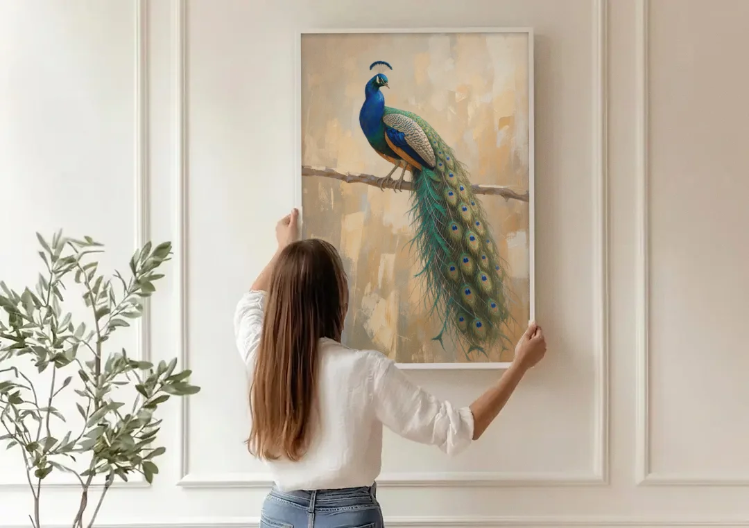 Peacock Wall Art on a Bare Golden Branch canvas wall art being hung on a paneled wall