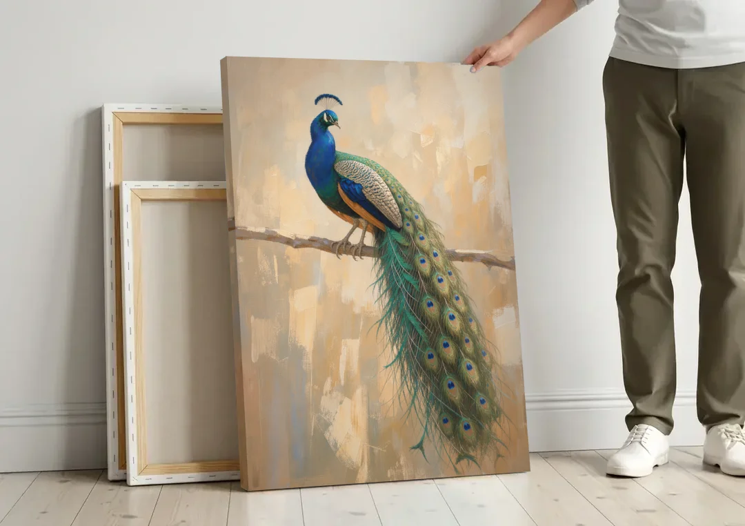 Peacock Wall Art on a Bare Golden Branch canvas wall art leaning against a wall next to blank canvases