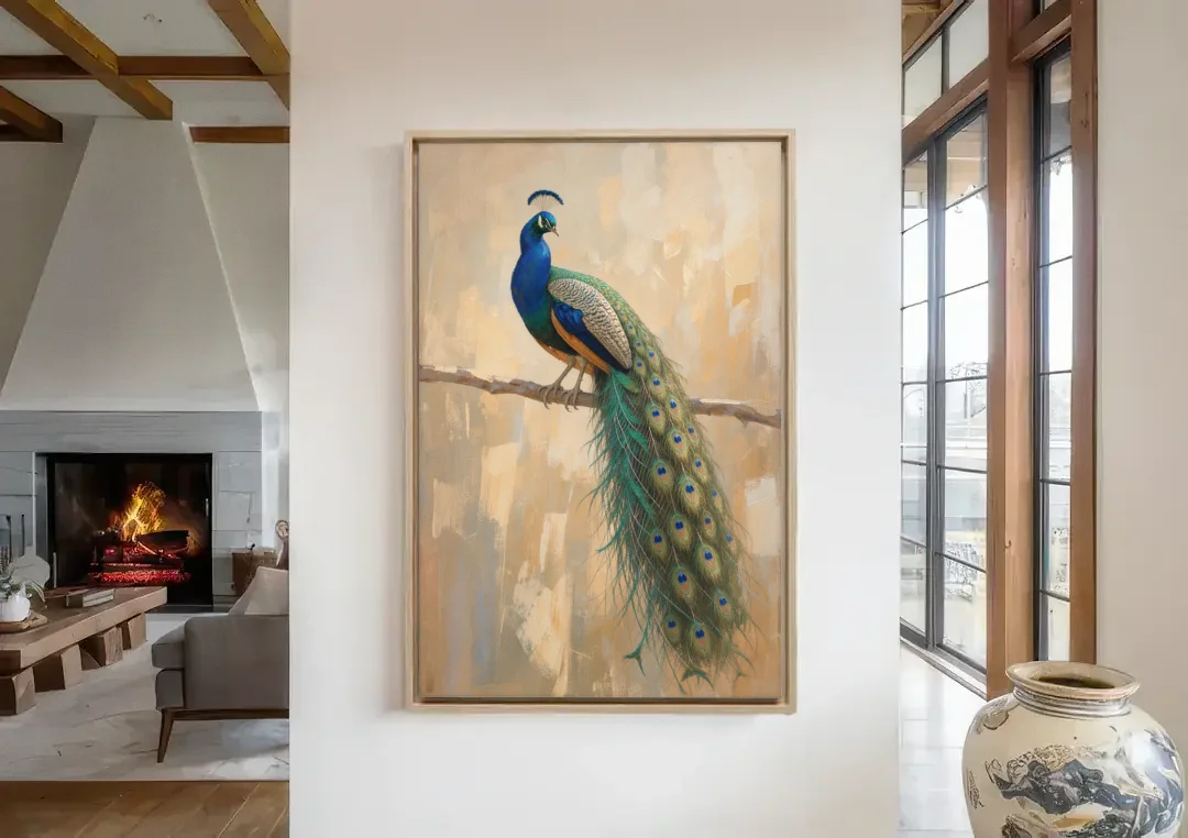 Peacock Wall Art on a Bare Golden Branch canvas wall art in a living room with a fireplace
