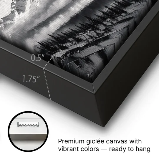 Snowy Mountain Peaks Above the Misty Firs - Black Framed Canvas Wall Art - Gallery Wrap Corner