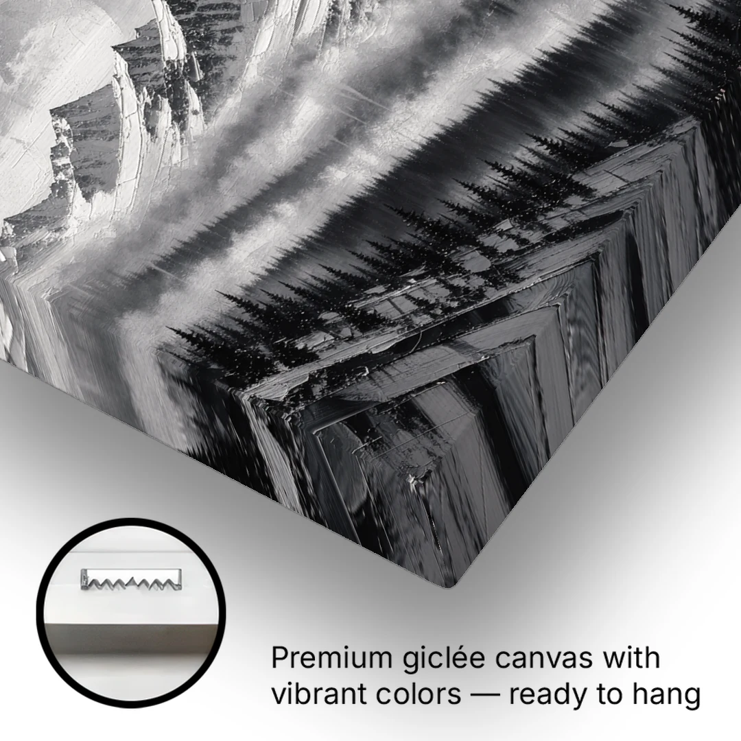 Snowy Mountain Peaks Above the Misty Firs - Canvas Wall Art - Gallery Wrap Corner