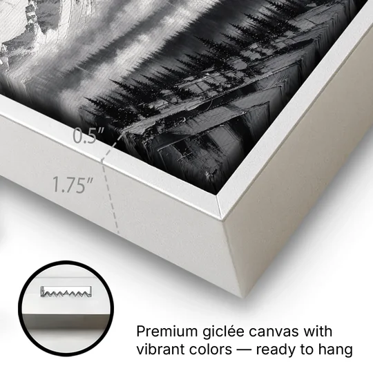 Snowy Mountain Peaks Above the Misty Firs - White Framed Canvas Wall Art - Gallery Wrap Corner