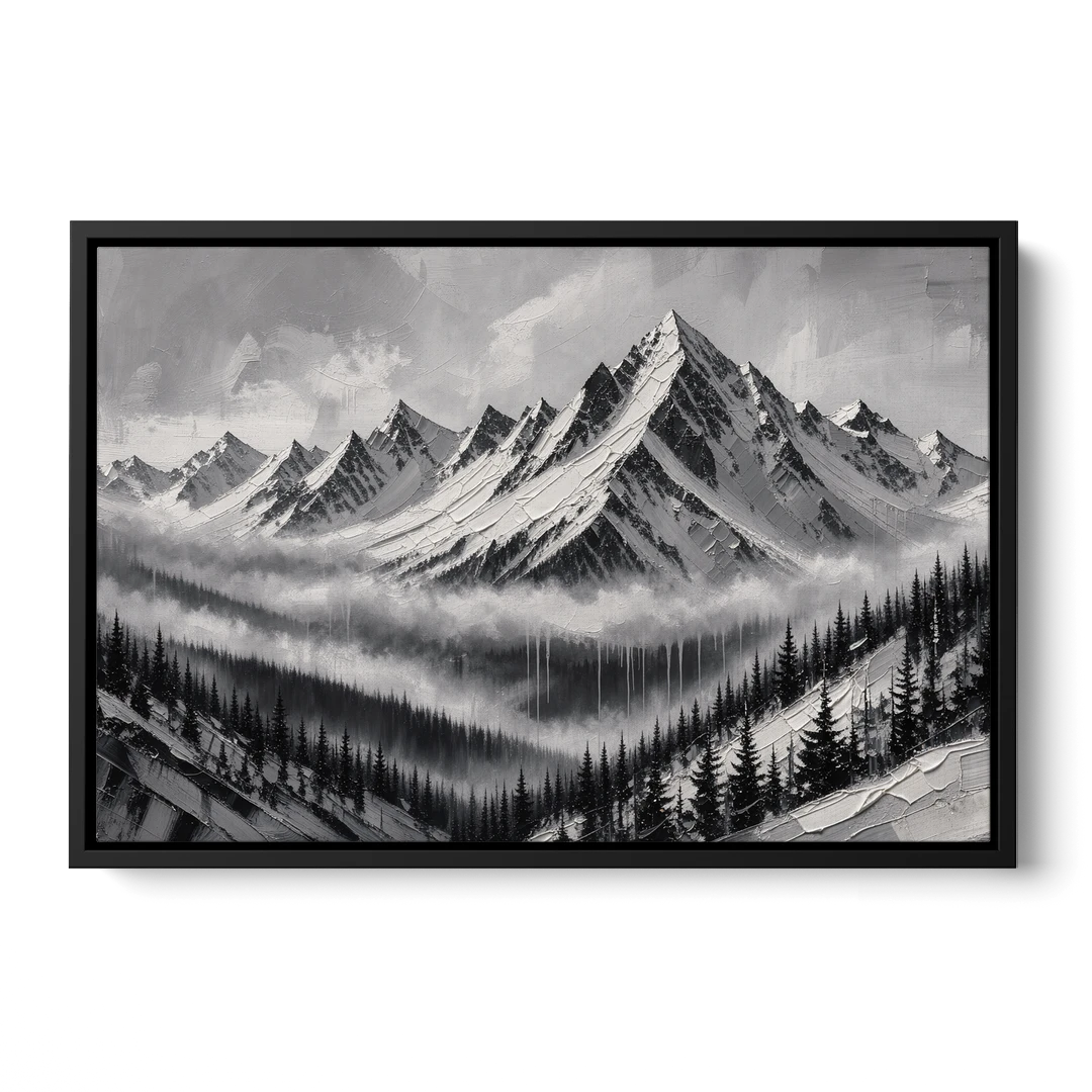 Snowy Mountain Peaks Above the Misty Firs - Black Framed Canvas Wall Art - Front