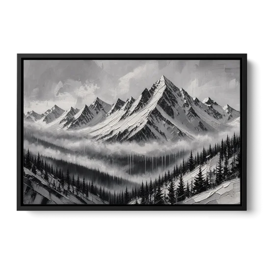 Snowy Mountain Peaks Above the Misty Firs - Black Framed Canvas Wall Art - Front