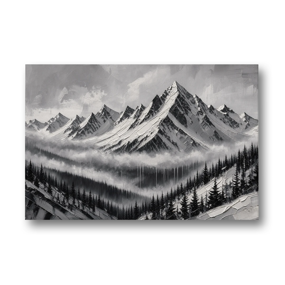 Snowy Mountain Peaks Above the Misty Firs - Canvas Wall Art - Front