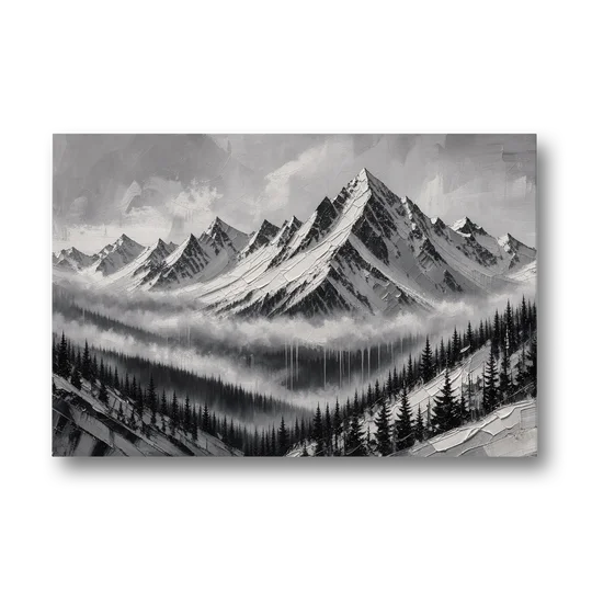 Snowy Mountain Peaks Above the Misty Firs - Canvas Wall Art - Front