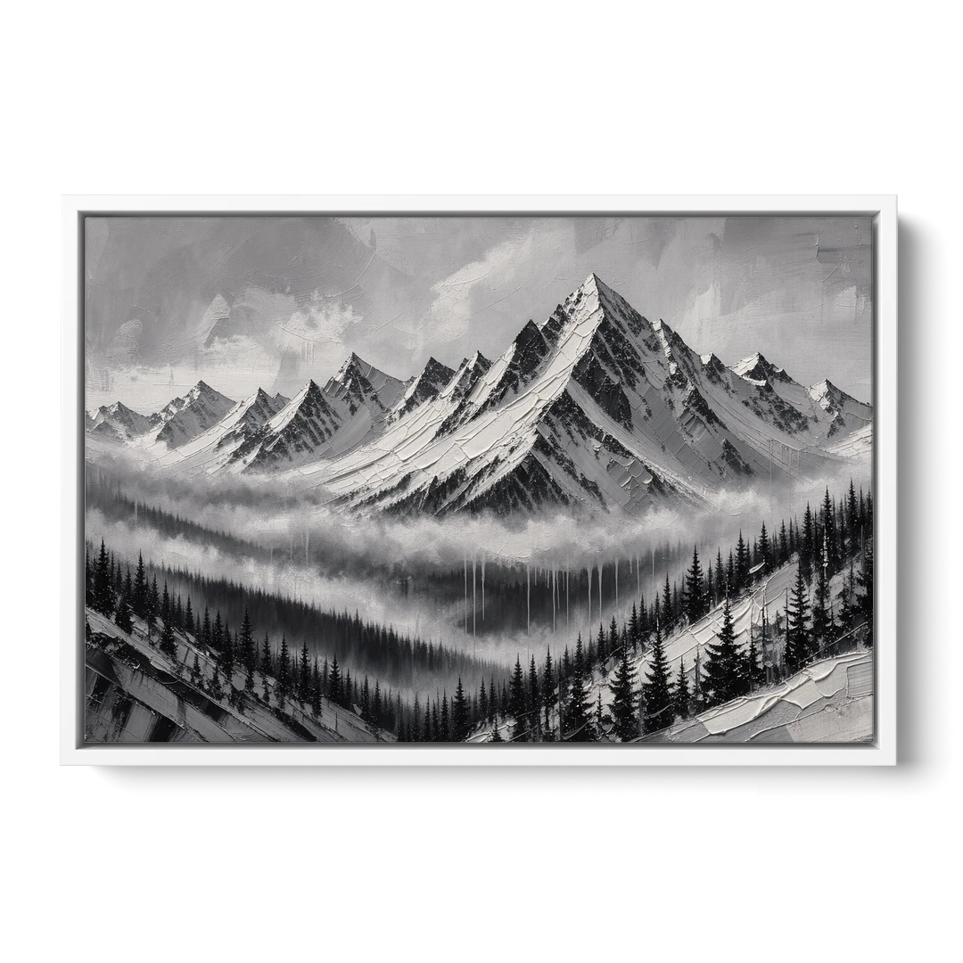 Snowy Mountain Peaks Above the Misty Firs - White Framed Canvas Wall Art - Front