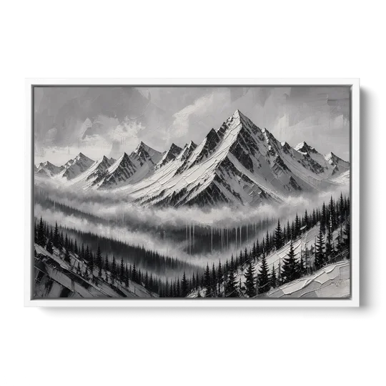 Snowy Mountain Peaks Above the Misty Firs - White Framed Canvas Wall Art - Front