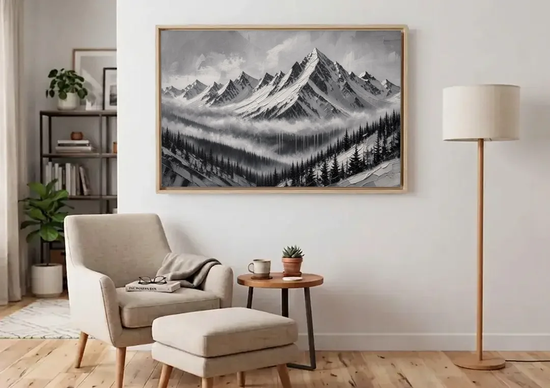 Snowy Mountain Peaks Above the Misty Firs canvas wall art above an armchair in a bright living room