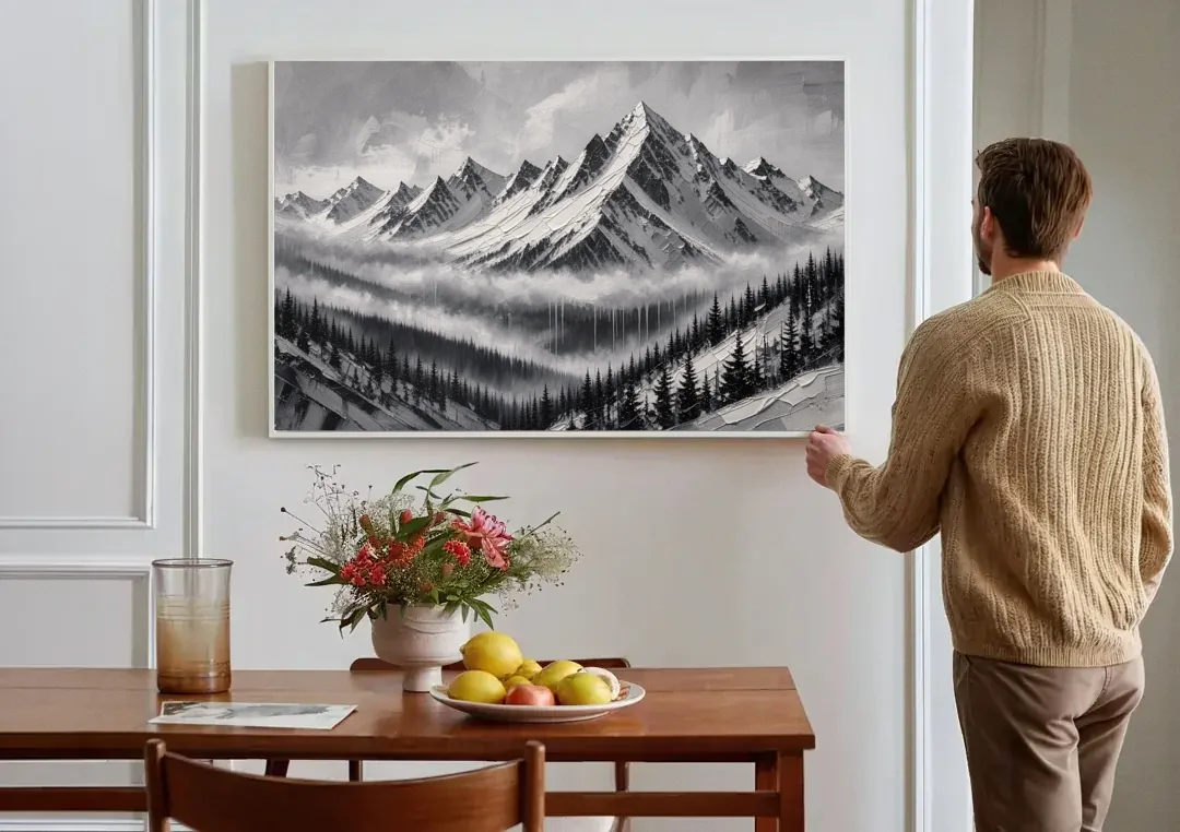 Snowy Mountain Peaks Above the Misty Firs canvas wall art above a dining table