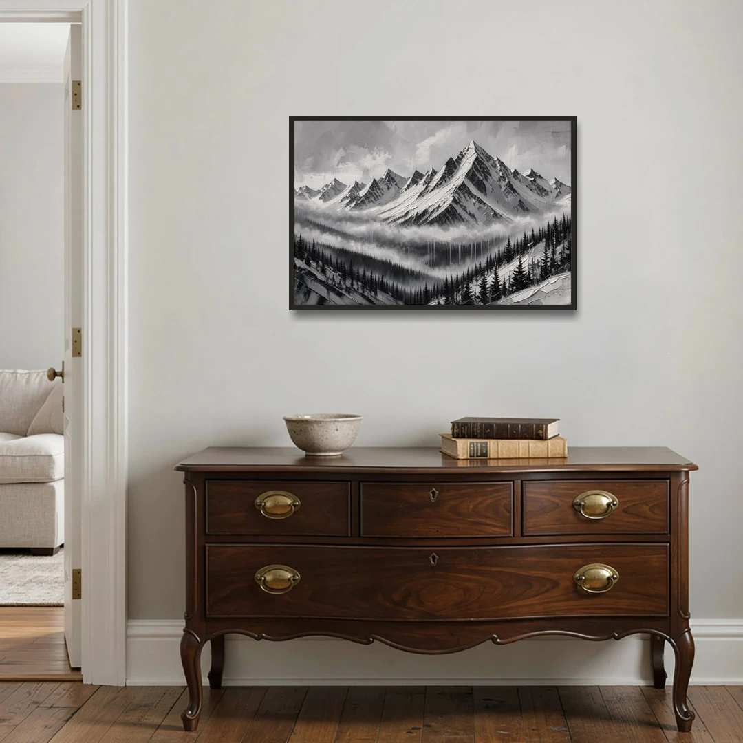 Snowy Mountain Peaks Above the Misty Firs - Black Framed Canvas Wall Art - Coffee Table - 36x24