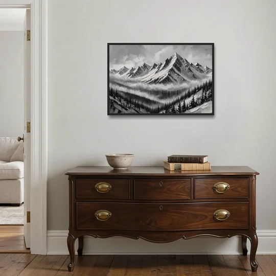 Snowy Mountain Peaks Above the Misty Firs - Black Framed Canvas Wall Art - Coffee Table - 36x24