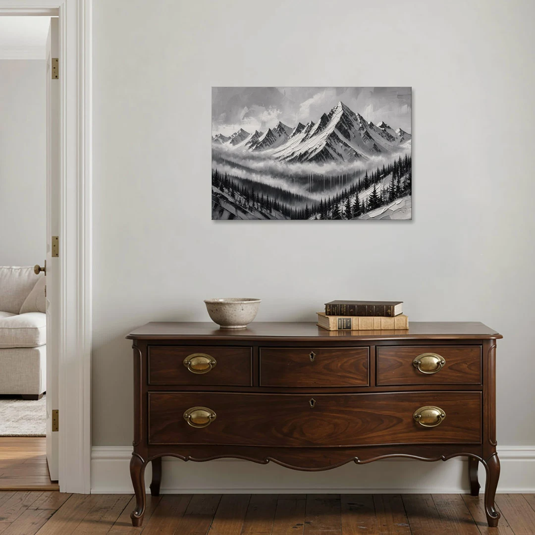 Snowy Mountain Peaks Above the Misty Firs - Canvas Wall Art - Coffee Table - 36x24