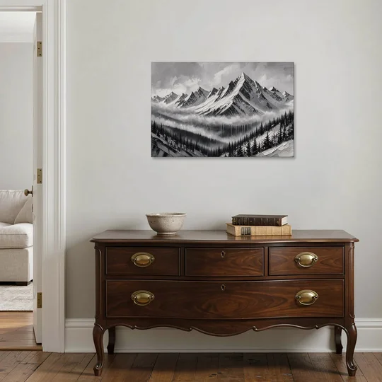 Snowy Mountain Peaks Above the Misty Firs - Canvas Wall Art - Coffee Table - 36x24